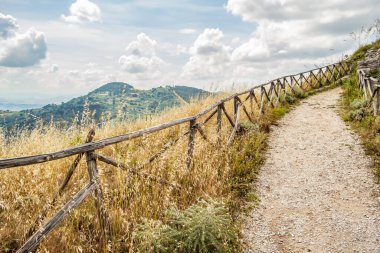 Ahşap çitle yokuş yukarı giden yol.