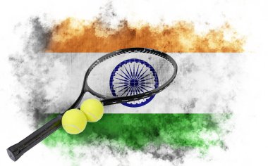 Hindistan bayrağı ve taşaklı tenis raketi ile beyaz arka plan
