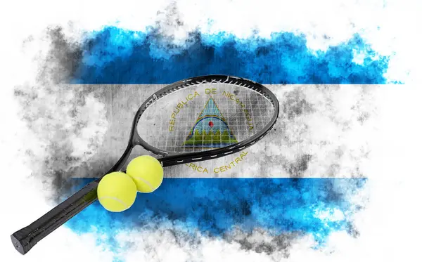 stock image White background with Nicaragua flag and tennis racket with balls