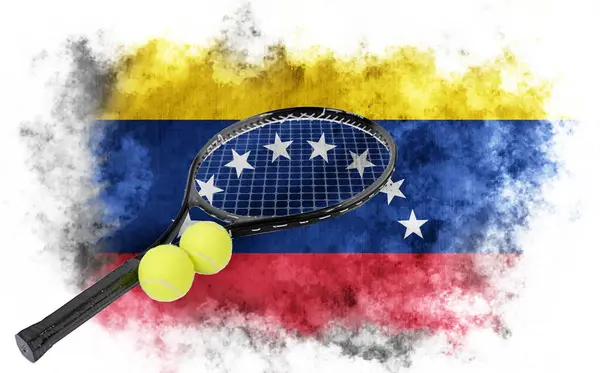 stock image White background with Venezuela flag and tennis racket with balls