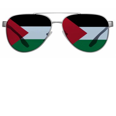 Beyaz arka plan, güneş gözlüğü ve Filistin bayrağı.
