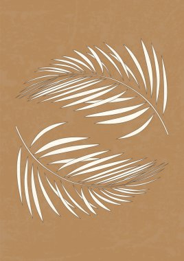 Soyut sanat palmiyesi kahverengi arkaplan posteri bırakır. Modern şekilli çizgi sanatı. Boho bitki örtüsü tropik yaprakları
