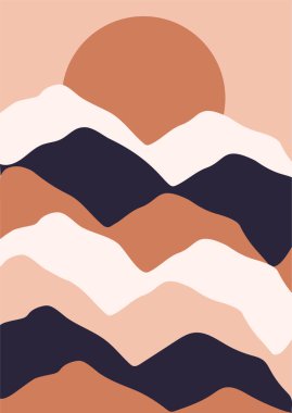 Soyut renkli dağ manzarası posteri. Güneşli modern boho arka planı, minimalist duvar dekoru. Vektör a4 sanat baskısı