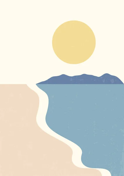 Sand beach and mountains landscape illustration poster. Mid century modern vector illustration.Trendy contemporary design.Wall art decor.