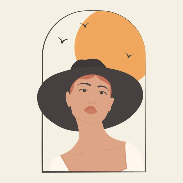 Femme Blanche Chapeau Dans Affiche Dessin Art Fenêtre Illustration Vectorielle — Image vectorielle