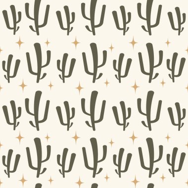 Çölde yıldızlı, kusursuz bir yaz kaktüsü. Moda kumaşı ve açık bej kum arka planındaki tüm baskılar için