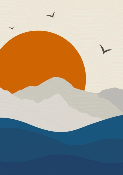 Paisagem Japonesa Com Ilustração Posters Oceano Montanhas Montanha Lago Design — Vetor de Stock