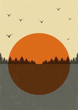 Orman manzarası ve su afişi çizimi. Dağ ve göl tasarımı. Boho duvar dekoru. Orta yüzyıl modern minimalist sanat baskısı