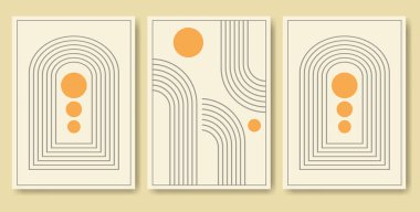 Minimalist tarzda yerleştirilmiş kemer posteri. Boho 'nun daire ve çizgilerin ev dekoru pastel renklerde. Gökkuşağı duvar resimleri. A4 boyutu