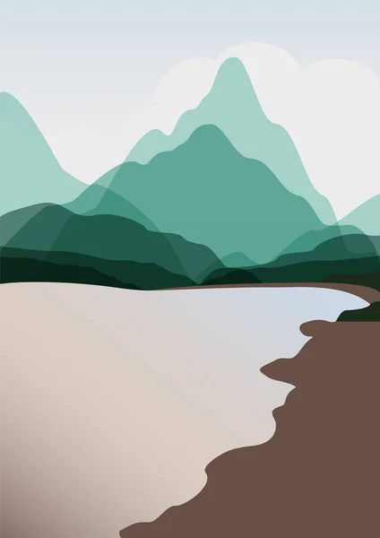 Mountain and lake landscape gradient illustration poster. Bright vibrant gradient colors - landscape with mountains and hills - a4 background art. Asian mountains template