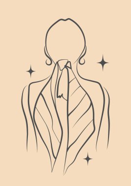 Kadın dikiz çizgisi kare çizimi. Aralıksız tek bir çizgiyle çizmek. Minimalist omuz ve atkı çizimi. Estetik vektör illüstrasyonu.