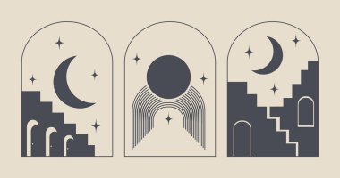 Abstract design architecture logo template with mystic elements. Modern minimal linear badge and emblem set for social media, vacations rentals and travel services.