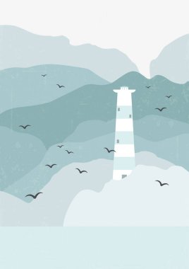 Nordic landscape with lighthouse and mountains poster. Nature sceneries, seasonal cartoon illustration landscape on background