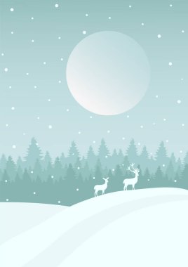 Night forest with wild deer couple illustration poster. Fantasy moon in winter landscape. Dusk forest and snow drifts. Vector poster