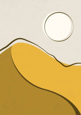 Minimalistic desert landscape, sunny dunes illustration. Earth tones, beige colors. Boho wall decor. Mid century modern minimalist art print. Organic shape