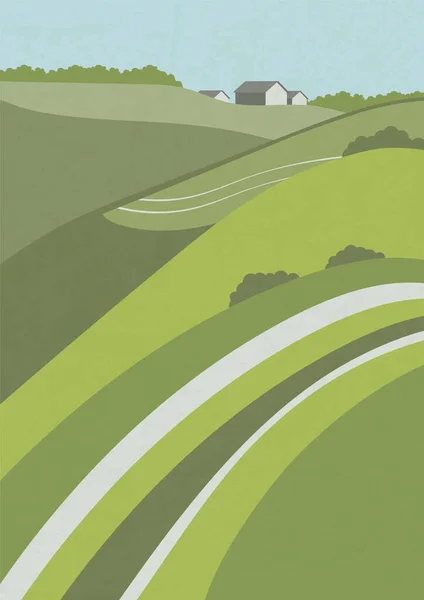 農業谷の風景の背景イラストポスター 環境バナー はがき 場のある宝生流のヴィンテージイラスト — ストックベクタ
