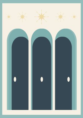 Minimalist Müslüman mimari unsurları poster illüstrasyonu. Modern estetik illüstrasyon. Ev dekorasyonu için bohem stili sanatsal tasarım