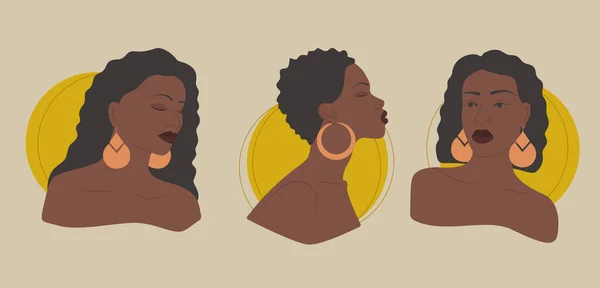 Zestaw Młodych Czarnych Kobiet Awatar Słońce Afrykańskich Ilustracji Pani Koncepcja — Wektor stockowy