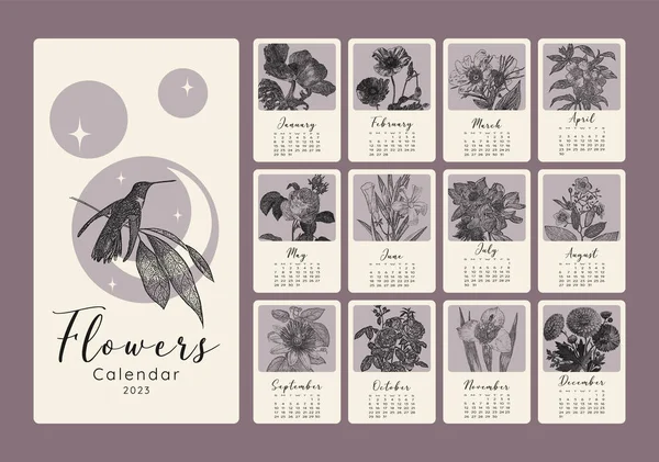 Kalender Met Monochrome Bloemen Neutrale Kleuren Botanische Kalender Template Set — Stockvector