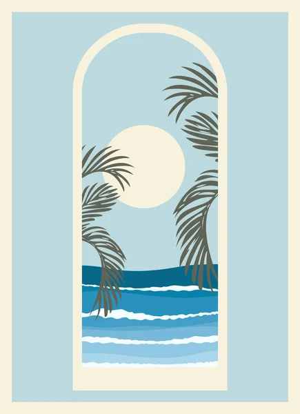 Pencereden Deniz Manzaralı Minimalist Bir Yer Deniz Palmiye Posteri Minimalist — Stok Vektör