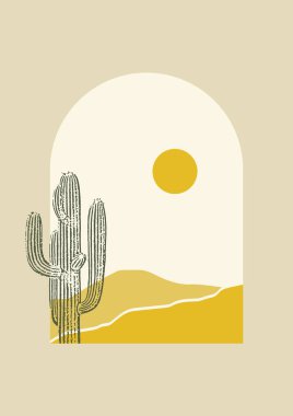 Çöl görüşü minimalist soyut estetik çizim. Bohem tarzı duvar dekoru. Çağdaş sanatsal poster. Boho duvar dekoru. Orta çağ modern sanat baskısı.