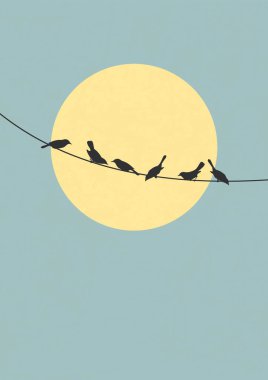 Birds on wires aesthetic illustration poster. Sun in the blue sky aesthetic illustration poster. Silhouettes of the birds sitting on a wire. Minimalistic style wall decor. clipart