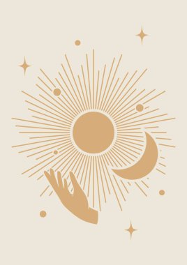El yazması duvar sanatıyla retrogüneş ve ay. Tarot kartı minimalist vektör çizimi. Estetik güneş ışığı ve gece yarısı baskısı bohem sanat eseri, vektör
