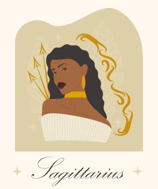 Sagittarius Zodiac genç afro kadın çizgi film illüstrasyonunu imzaladı. Astrolojik burç sembolü. Ticari, yazdırma tasarımı için karakter.