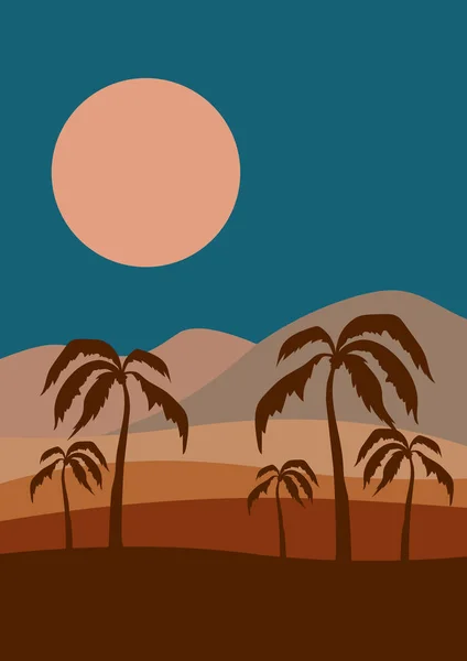 真夜中の砂漠のオアシスミニマリズム印刷可能なイラスト ヤシの木の植物と砂丘やヤシの野生の自然景観 エジプトのポスターテンプレート — ストックベクタ