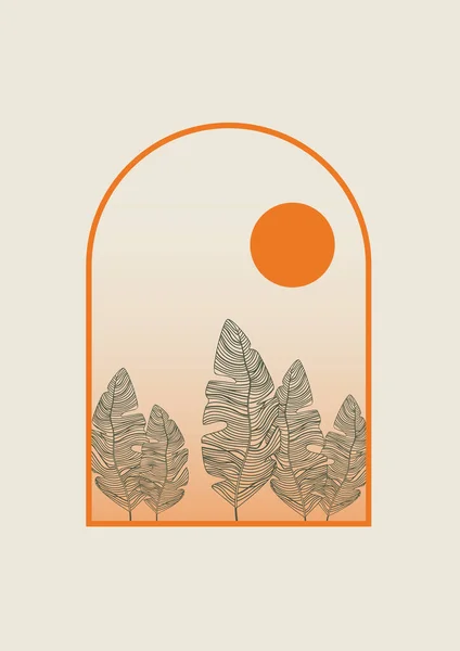 Καλλιέργεια Φύλλα Αψίδα Τέχνη Τοίχο Αφηρημένη Αφίσα Εικόνα Ουδέτερο Boho — Διανυσματικό Αρχείο