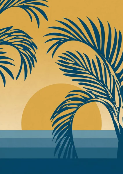 Seaside landscape with sunset view and palms poster. Minimalistic style. Simple geometric elements and summer vibes. Vector illustration