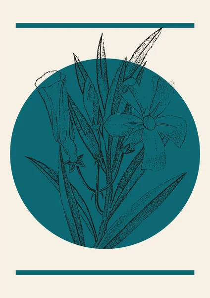 Poster Botani Cabang Bunga Tropis Eksotis Ilustrasi Linear Dalam Gaya - Stok Vektor