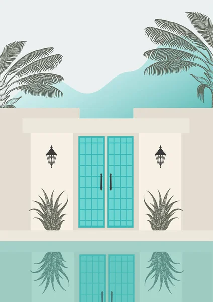 Exotische Urlaubslandschaft Minimalistische Architektur Der Luxusvilla Exotische Palmen Meer Strand — Stockvektor