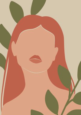 Abstract illustration of young woman with leaves. Contemporary art poster with lady and flora in pastel colors. Minimalistic faceless caucasian woman. clipart