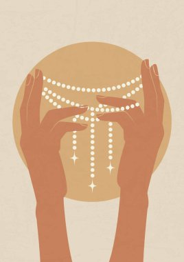 Retro güneş ve el mistik poster çizimi. Tarot kartı minimalist vektör çizimi. Estetik güneş ışığı ve gece yarısı baskısı bohem sanat eseri, vektör