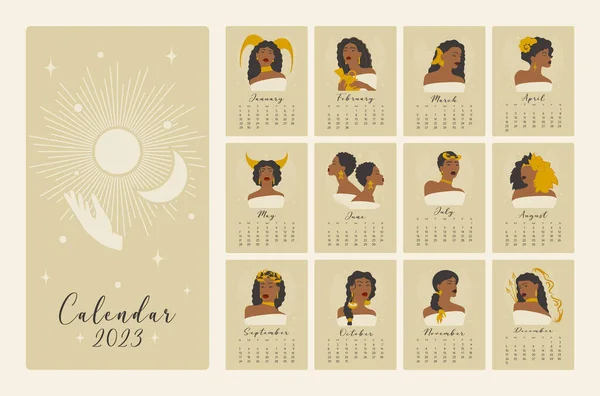 占星術の現代的な看板漫画のイラストとカレンダー 女性のホロスコープは人格を象徴する 商業用 アニメ用 印刷用の文字セット — ストックベクタ