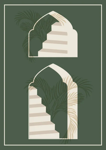 Ilustración Póster Arquitectura Mediterránea Minimalista Arte Verde Estético Moderno Diseño — Archivo Imágenes Vectoriales