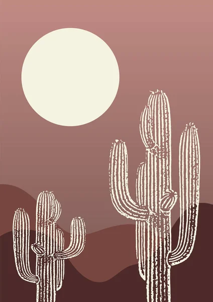 Kortárs Esztétikai Kaktusz Sivatagi Tájképi Plakáton Saguaro Éjszakai Völgyben Boho — Stock Vector