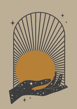 Sihirli el, güneş büyücülüğü posterini tutuyor. Tarot kartı için klasik mistik tarz. Astroloji, kutsal boho tasarımı. Yıldızlı güneş