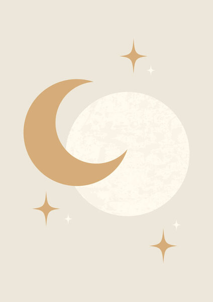 Mystical drawing of moon and crescent moon poster. Full moon boho minimalist printable wall art. Geometric abstract celestial card