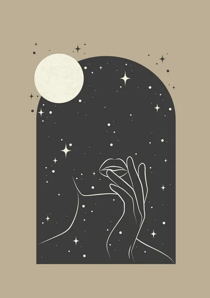 Mystische Zeichnung Mit Gesicht Mond Und Sternen Design Für Tarotkarte — Stockvektor