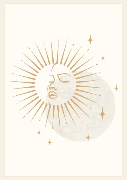 stock vector Mystical drawing of sun with face, moon and stars poster. Design for tarot card, magic boho illustration. Astrology or sacred art. Magic occult pattern, esoteric style.