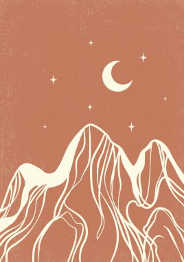 Beyaz tepe resimli dağ minimalist manzarası. Ay ve dağlı modern boho arka planı, gece duvar dekoru. Vektör a4 sanat baskısı
