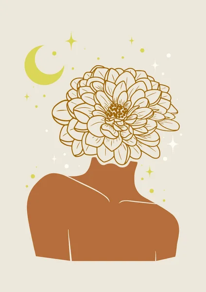Mystisk Kvinna Med Blomma Huvud Feminint Begrepp Illustration Vacker Estetisk — Stock vektor