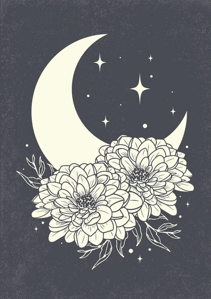 牡丹の花や星のイラストのポスターと三日月 印刷のための花の魔法の天体のクリップアート ベクトルヴィンテージブラックアート — ストックベクタ