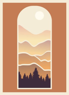 Minimum dağ manzarası pencere posterini fırlatır. Güneşli ve dağlı modern boho arka planı, gradyan duvar dekoru. Vektör a4 sanat baskısı