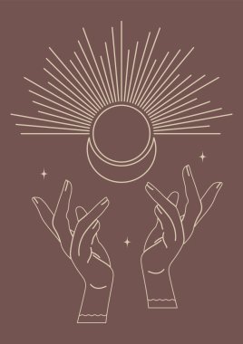 Astrolojinin gezegenlerle ilgili mistik geçmişinin vektör çizimi. Güneş ve ay baskılı duvar sanatıyla dolu bir uzay. Tarot kartı evren vektör çizimi.