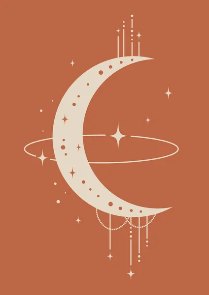 Mystische Zeichnung Von Mond Und Weltraum Poster Brown Boho Minimalistische — Stockvektor