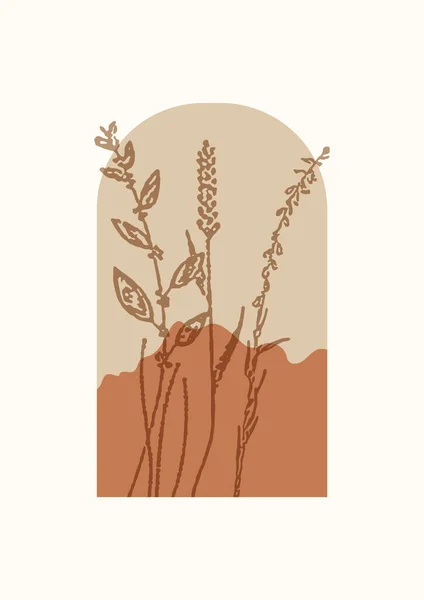 Монохромная Трава Арочном Иллюстрированном Плакате Нейтральный Рисунок Бохо Горами Минимальная — стоковый вектор