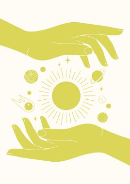 Evren, ellerindeki ilahi elementler illüstrasyon basıyor. Tarot kartı minimalist vektör sanatı. Estetik güneş ve gezegenler bohem sanat eserleri, vektör basar